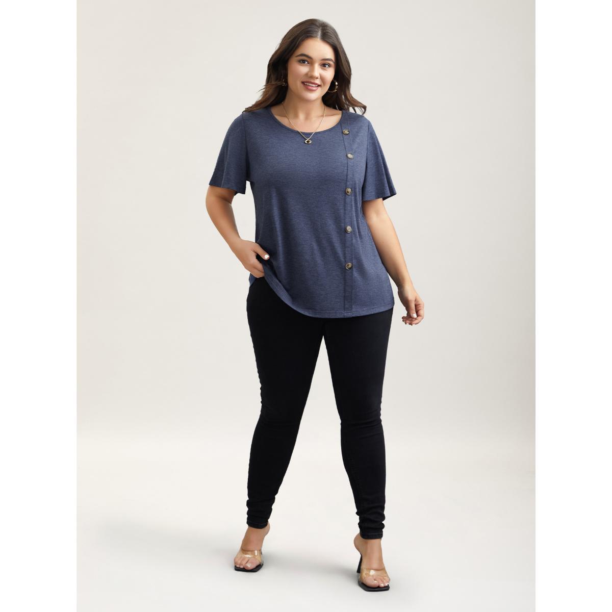 Plus Size Side Buttons Round Neck Fitted T-Shirt Indigo Women Elegant Button Round Neck Everyday T-shirts BloomChic 10/M Product Image