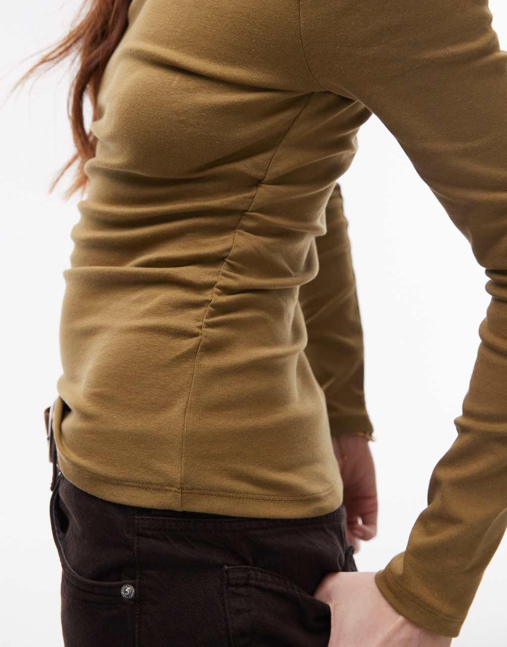 Topshop funnel neck long sleeve top in green Product Image