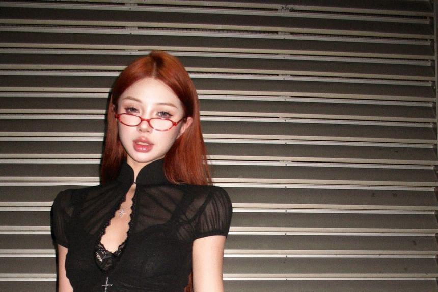 Puff-Sleeve Stand Collar Crop Lace Blouse / Mid Rise Mini A-Line Skirt / Lace Bra Product Image