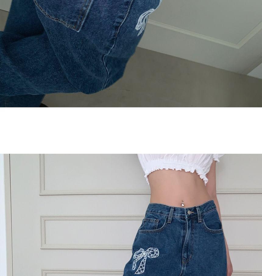 Mid Waist Bow Embroidered Washed Loose Fit Jeans Product Image