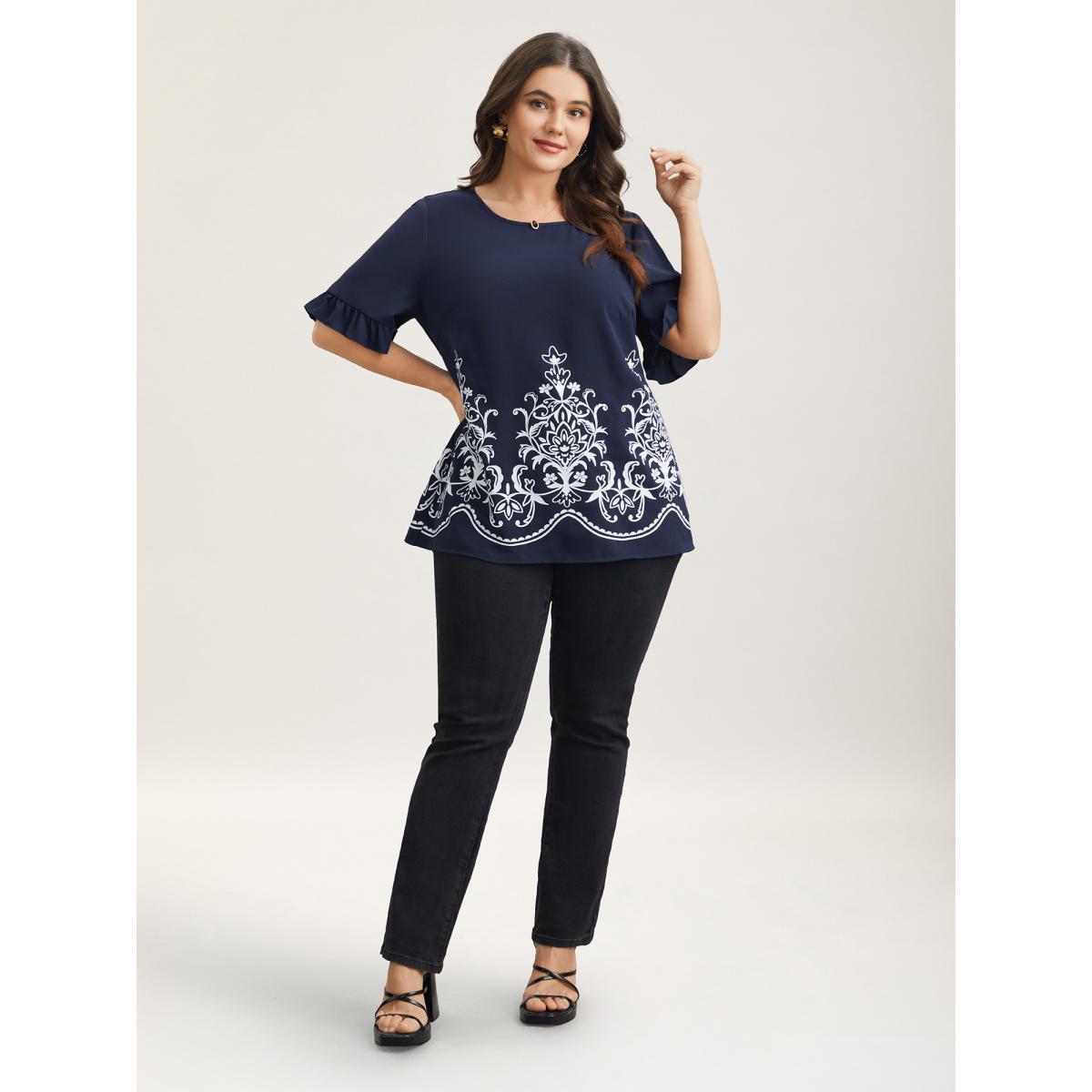 Plus Size Indigo Floral Print Round Neck Ruffled Sleeve Shirt Women Elegant Short sleeve Round Neck Everyday Blouses BloomChic 18-20/2X Product Image