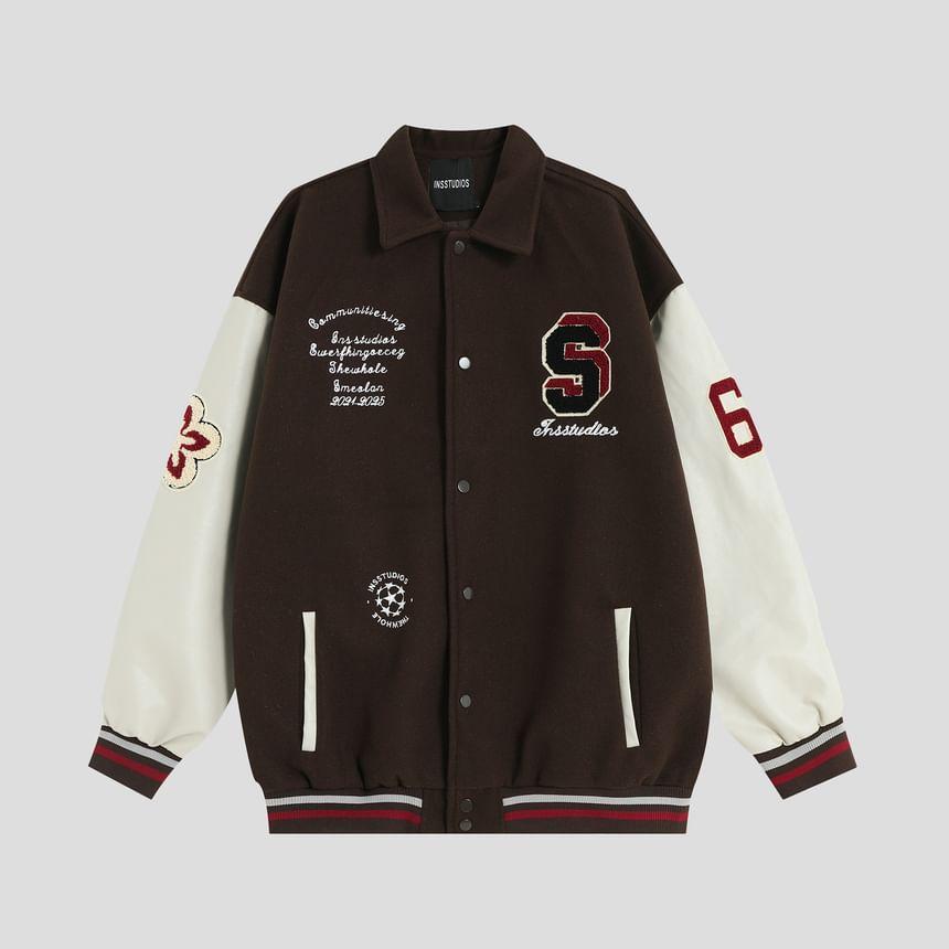 Collared Lettering Button-Up Baseball Jacket Product Image