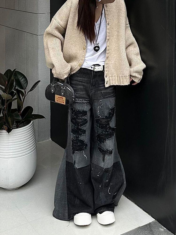 Mid Rise Paneled Ripped Washed Flared Jeans Product Image