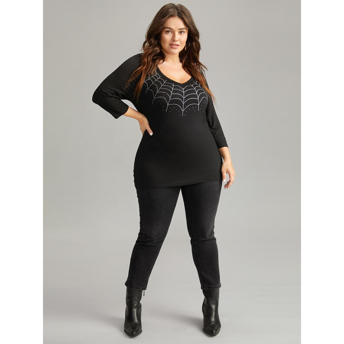 Plus Size Supersoft Essentials Halloween Graphic Rhinestone T-shirt Black Women Casual Rhinestone detailing Graphic-Halloween V-neck Festival-Halloween T-shirts BloomChic 22-24/3X Product Image