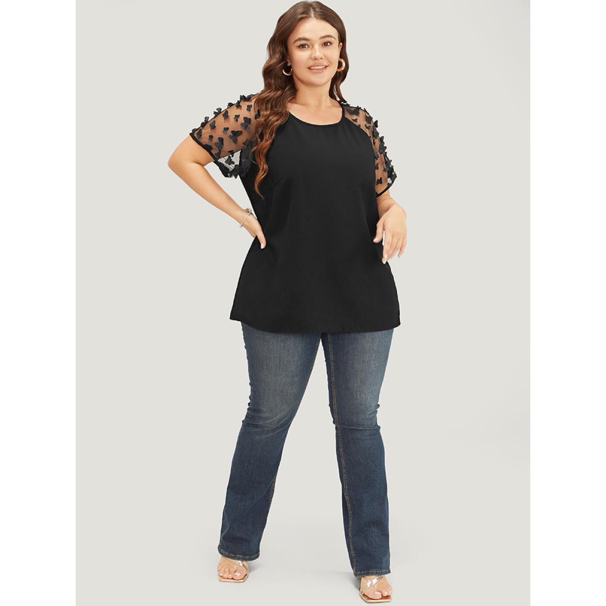 Plus Size Black Plain Butterfly Appliques Mesh Raglan Sleeve Blouse Women Party Short sleeve Round Neck Dailywear Blouses BloomChic 30/6X Product Image