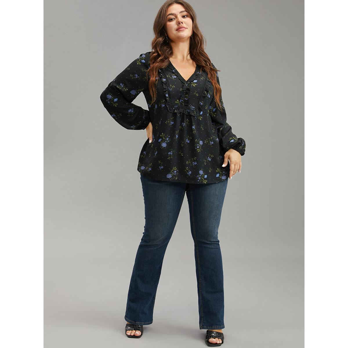 Plus Size Black Ditsy Floral Lantern Sleeve Frill Trim Blouse Women Elegant Long Sleeve V-neck Dailywear Blouses BloomChic 28/5X Product Image