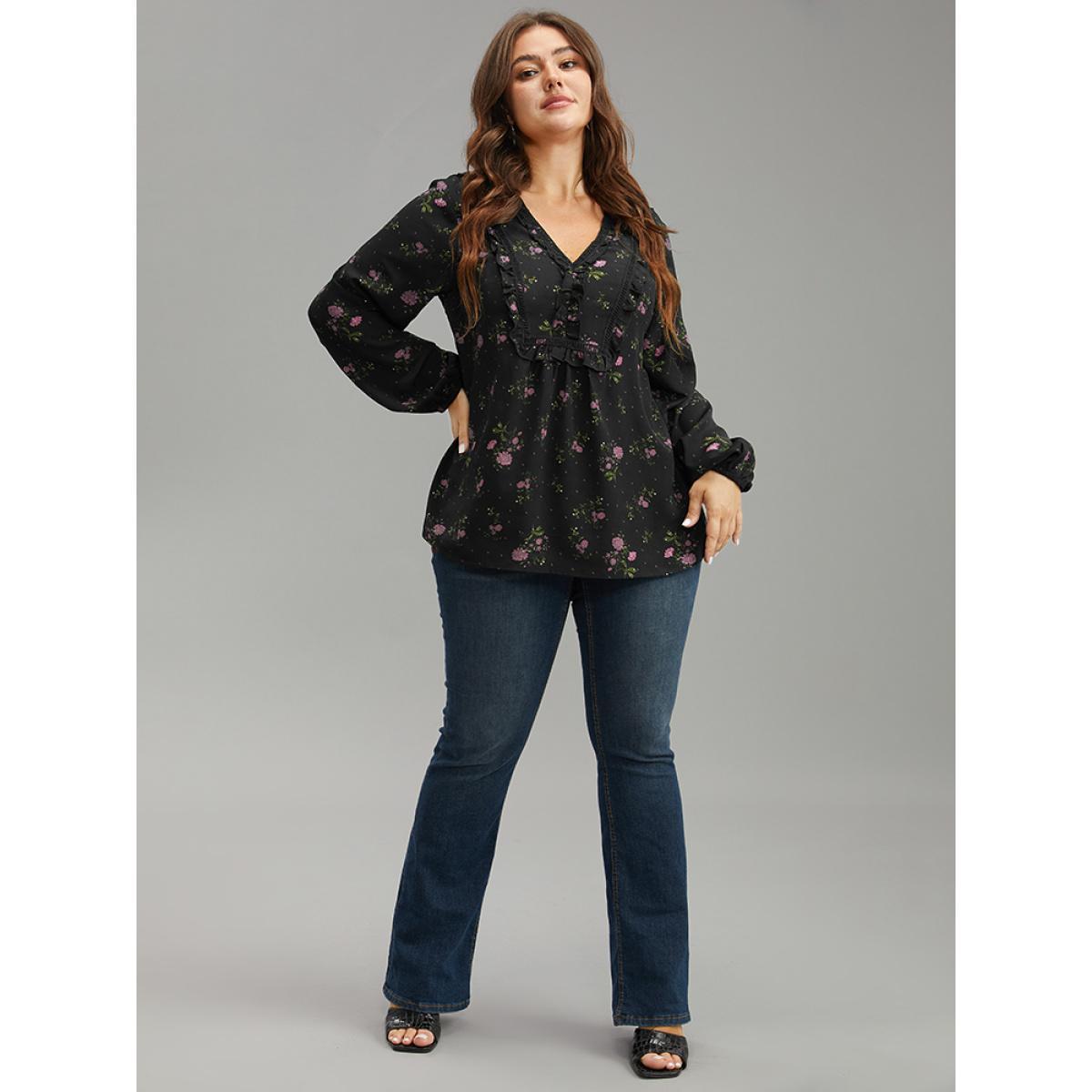 Plus Size RedViolet Ditsy Floral Lantern Sleeve Frill Trim Blouse Women Elegant Long Sleeve V-neck Dailywear Blouses BloomChic 22-24/3X Product Image