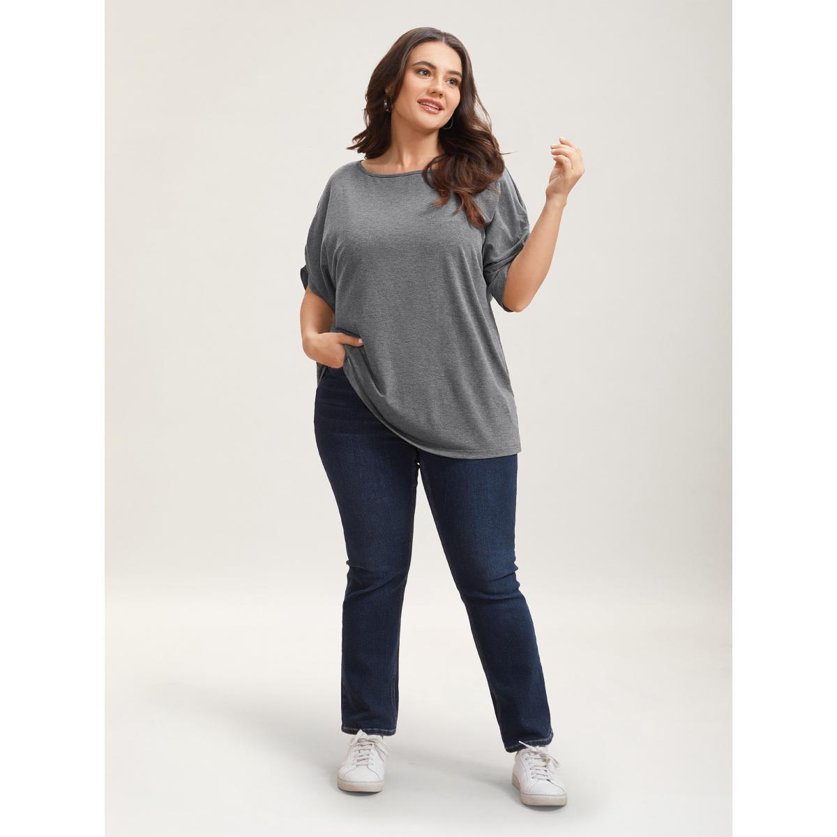 Plus Size Stretchy Solid Color Gathered Sleeve T-Shirt DimGray Women Casual Gathered Round Neck Everyday T-shirts BloomChic 14-16/1X Product Image
