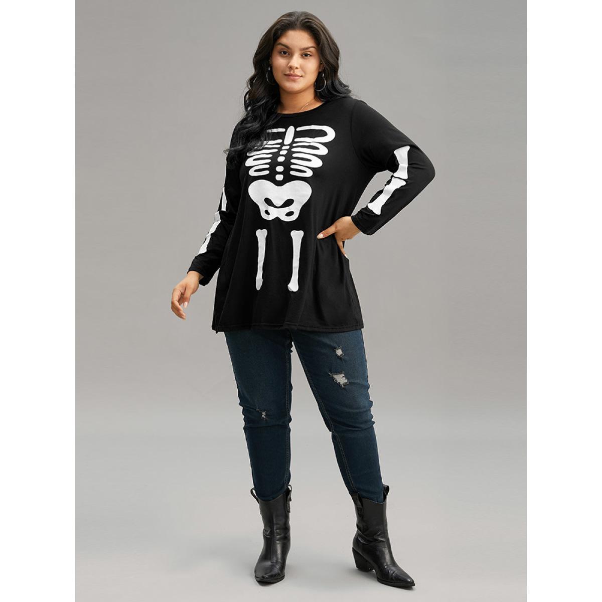 Plus Size Halloween Skull Print Crew Neck T-shirt Black Women Casual Printed Halloween Round Neck Festival-Halloween T-shirts BloomChic 14-16/1X Product Image