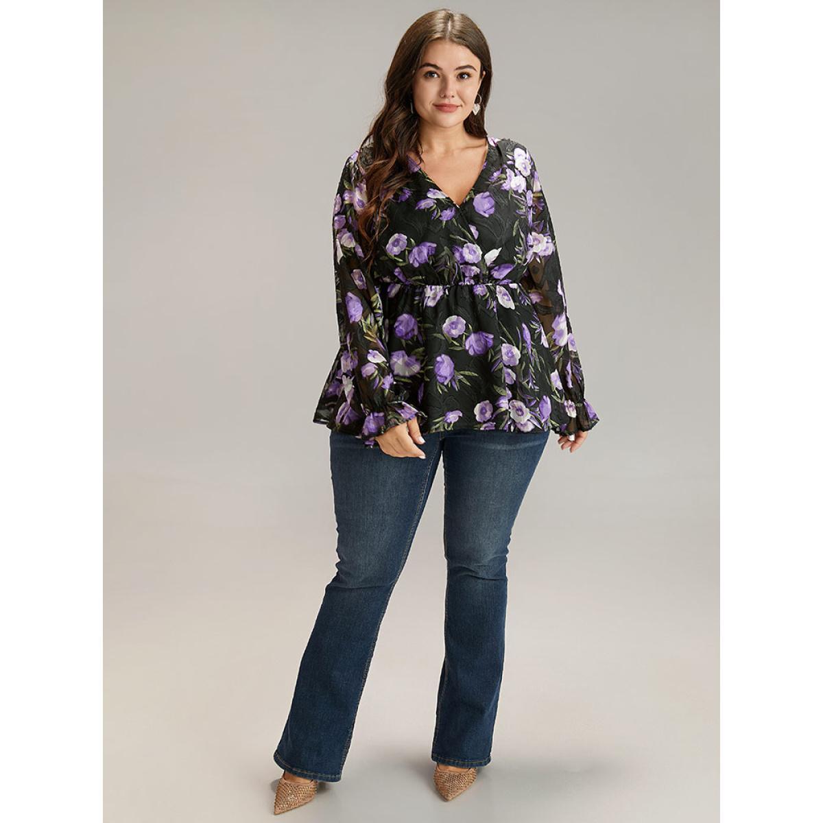 Plus Size Black Chiffon Floral Mesh Wrap Ruffle Hem Blouse Women Glamour Long Sleeve V-neck Going out Blouses BloomChic 10/M Product Image