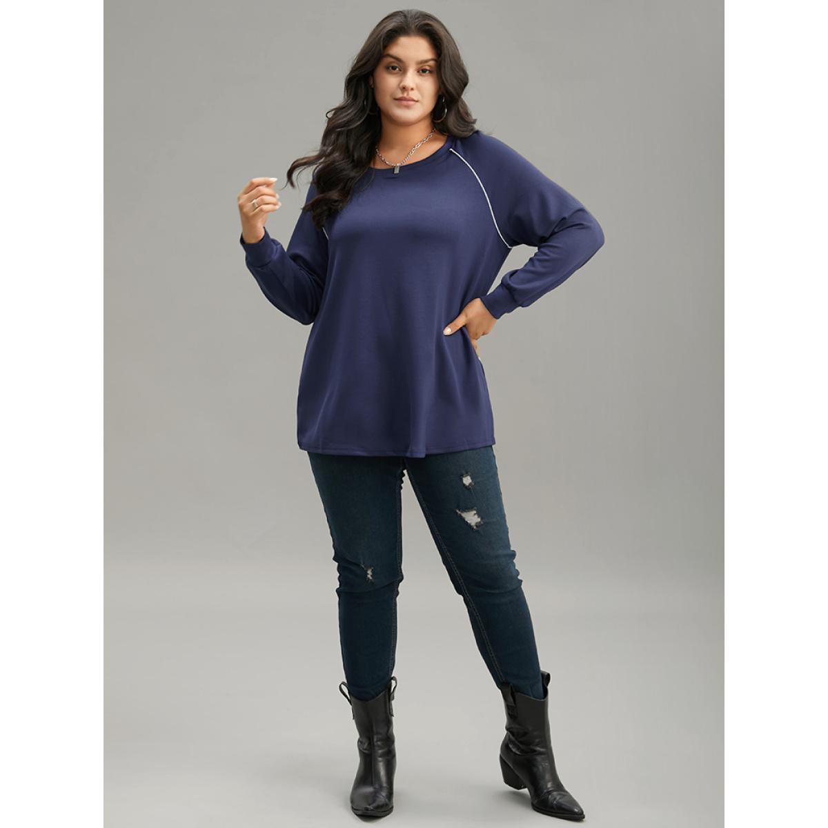 Plus Size Supersoft Essentials Contrast Trim Raglan Sleeve Sweatshirt Women DarkBlue Casual Elastic cuffs Round Neck Dailywear Sweatshirts BloomChic 30/6X Product Image
