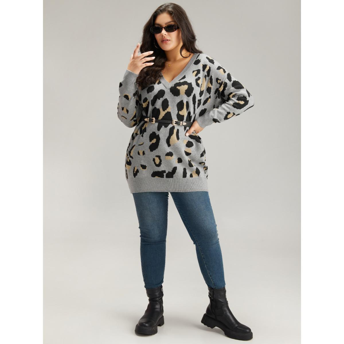 Plus Size Anti-Pilling Leopard Elastic Cuffs Pullover Leopard Women Casual Loose Long Sleeve V-neck Dailywear Pullovers BloomChic 18-20/2X Product Image