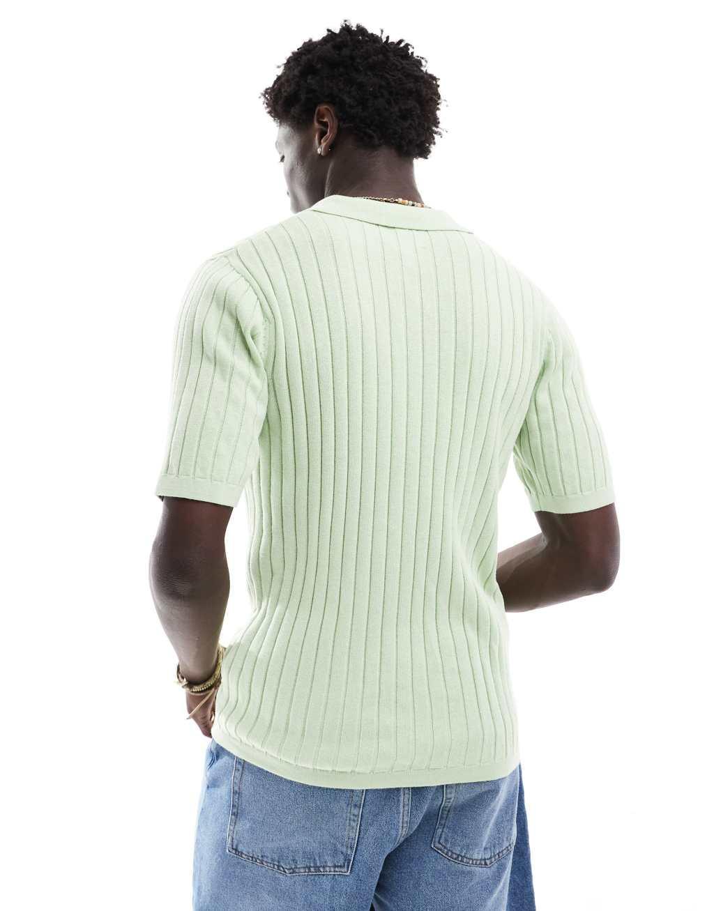 ASOS DESIGN lightweight rib knit button up polo in sage green Product Image