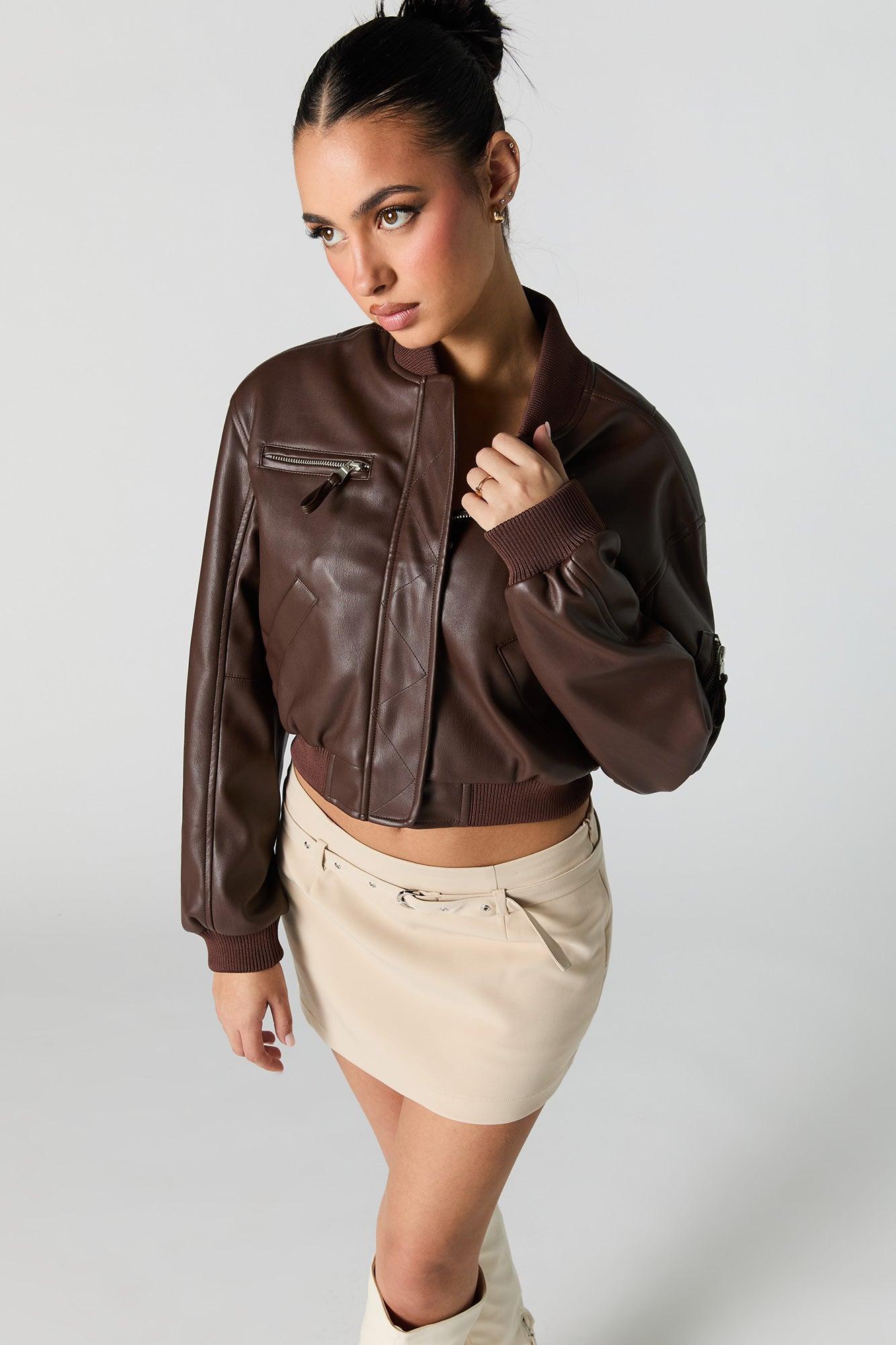 Faux Leather Cropped Bomber Jacket Female Product Image