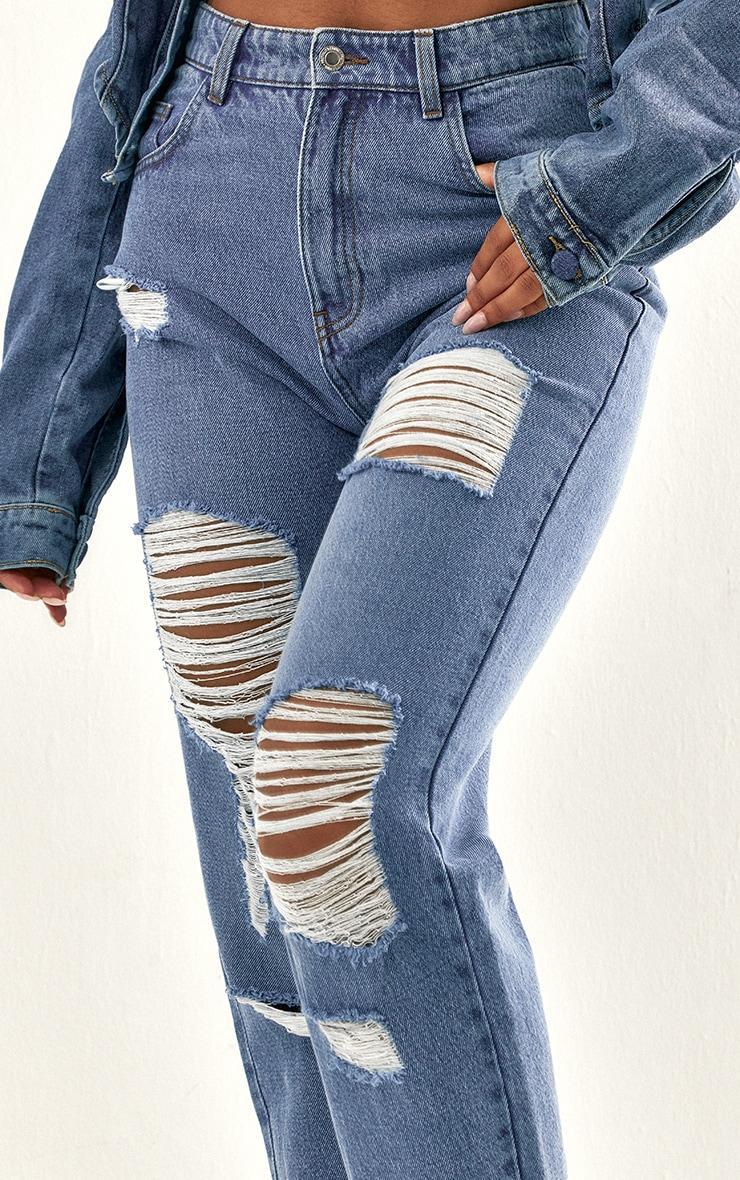 PRETTYLITTLETHING Mid Blue Wash Distressed Mom Jeans Product Image