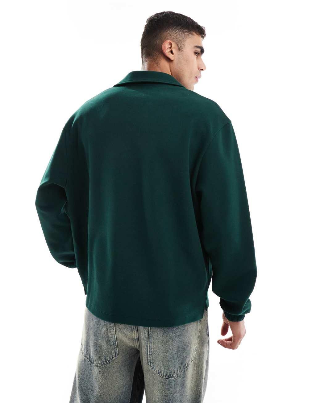 ASOS DESIGN oversized twill jersey rugby polo in dark green Product Image