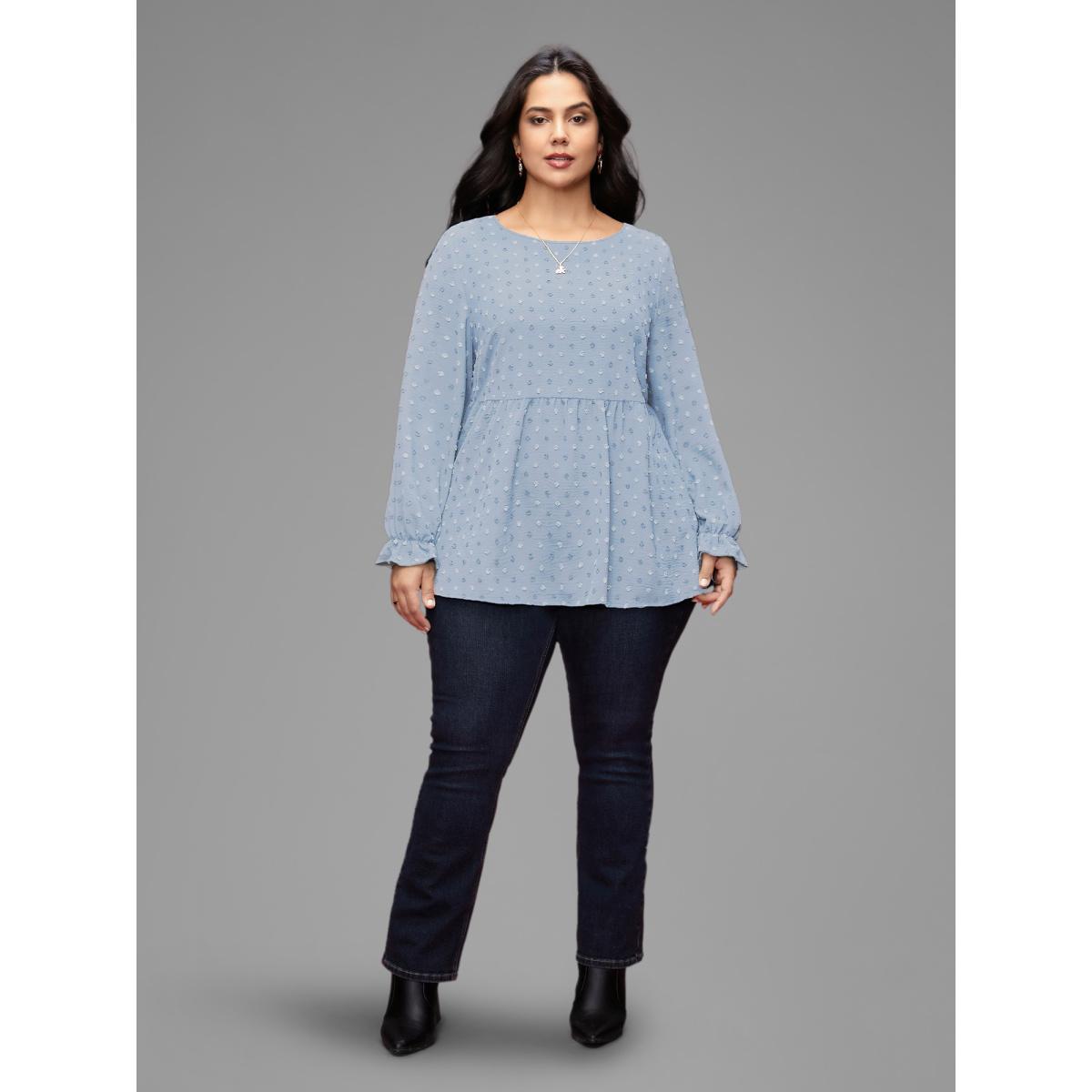 Plus Size LightBlue Textured Dot Elastic Cuffs A-line Blouse Women Casual Long Sleeve Round Neck Everyday Blouses BloomChic 28/5X Product Image