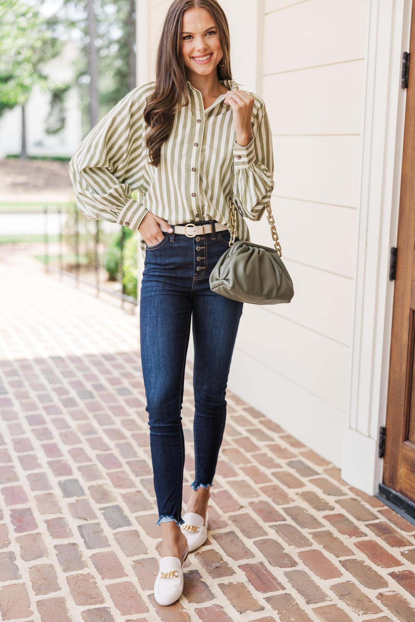 Remember It Well Olive Green Striped Blouse Female Product Image
