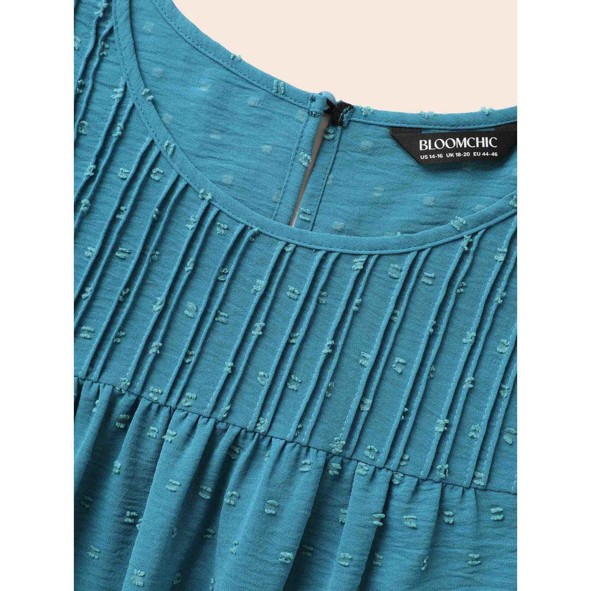 Plus Size Cerulean Texture Round Neck Pleated Lantern Sleeve Blouse Women Elegant Elbow-length sleeve Round Neck Everyday Blouses BloomChic 28/5X Product Image