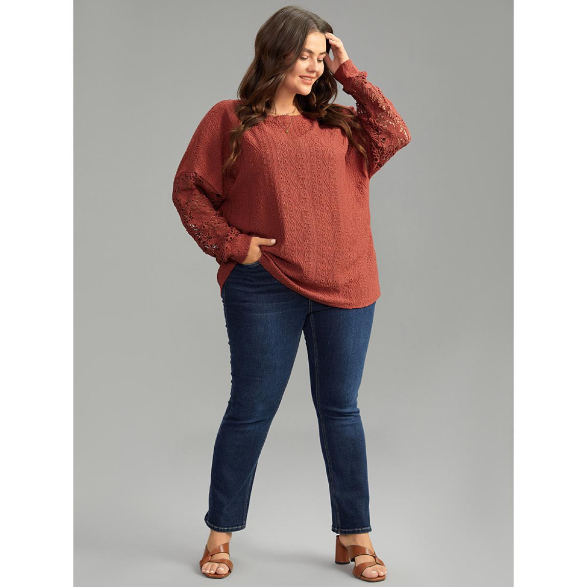 Plus Size Solid Plisse Guipure Lace T-shirt Rust Women Elegant Elastic cuffs Plain Round Neck Dailywear T-shirts BloomChic 12/L Product Image