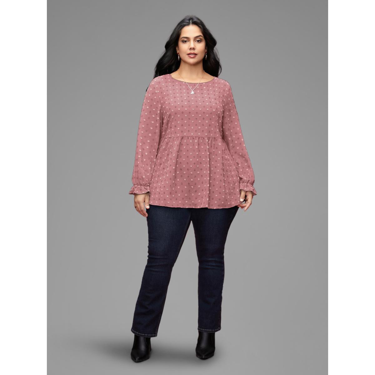 Plus Size Rouge Textured Dot Elastic Cuffs A-line Blouse Women Casual Long Sleeve Round Neck Everyday Blouses BloomChic 14-16/1X Product Image