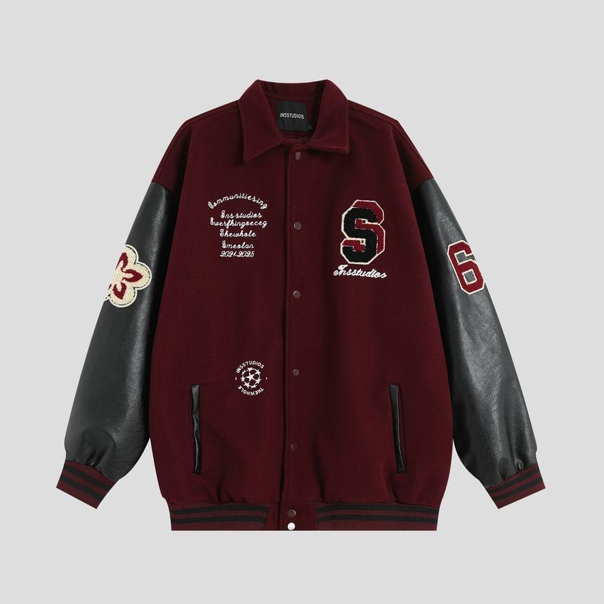 Collared Lettering Button-Up Baseball Jacket Product Image