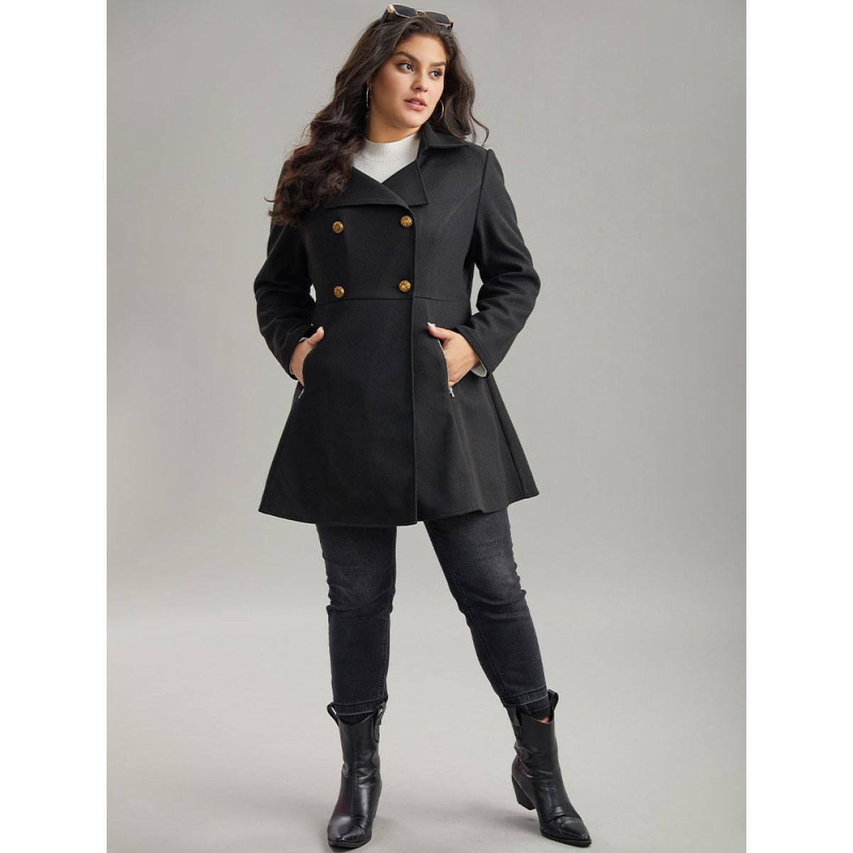 Plus Size Lapel Collar Metal Detail Zipper Pocket Coat Women Black Casual Plain Ladies Dailywear Winter Coats BloomChic 14-16/1X Product Image