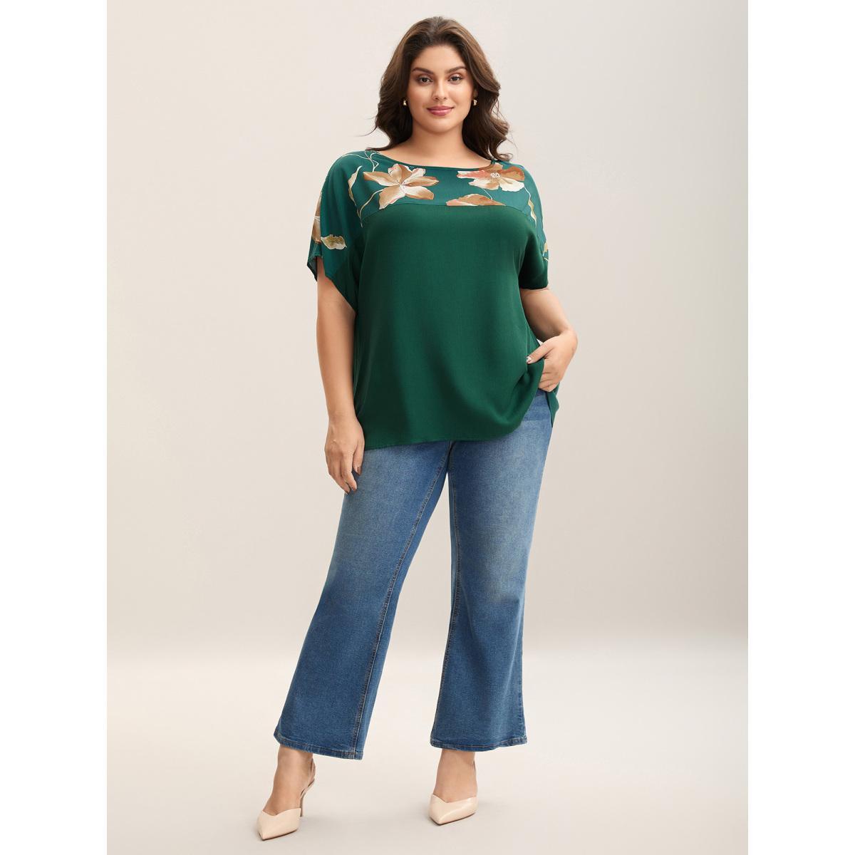 Plus Size Cyan Tropical Floral Print Spliced Blouse Women Elegant Short sleeve Boat Neck Work Blouses BloomChic 14-16/1X Product Image
