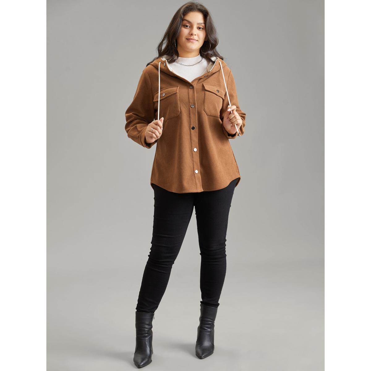 Plus Size Corduroy Fluffy Patchwork Hooded Jacket Women Bronze Contrast Pocket Dailywear Jackets BloomChic 18-20/2X Product Image