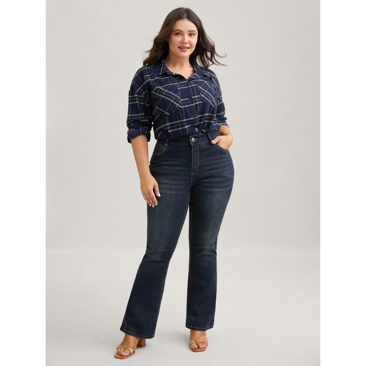 Plus Size Bootcut Very Stretchy Mid Rise Medium Wash Sculpt Waist Jeans Women Darkindigo Elegant Plain Non High stretch Slanted pocket Jeans BloomChic 20/2X Product Image
