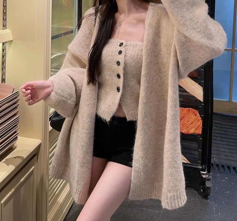 Set: Button Knit Tube Top + Long Cardigan Product Image