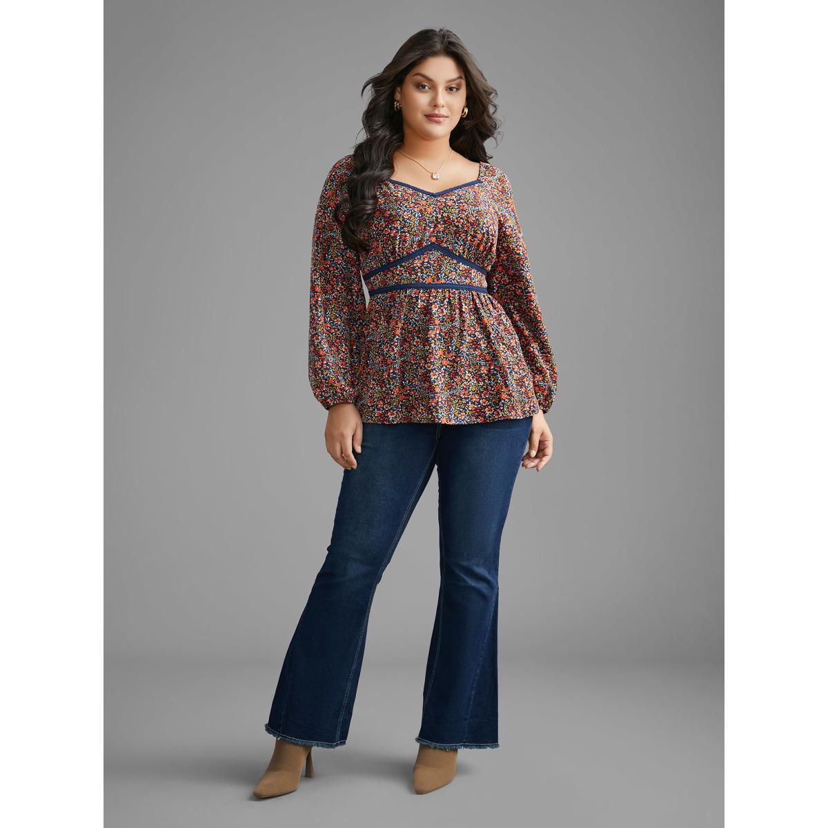 Plus Size Indigo Ditsy Floral Woven Ribbon Gathered Blouse Women Elegant Long Sleeve Heart neckline Everyday Blouses BloomChic 12/L Product Image