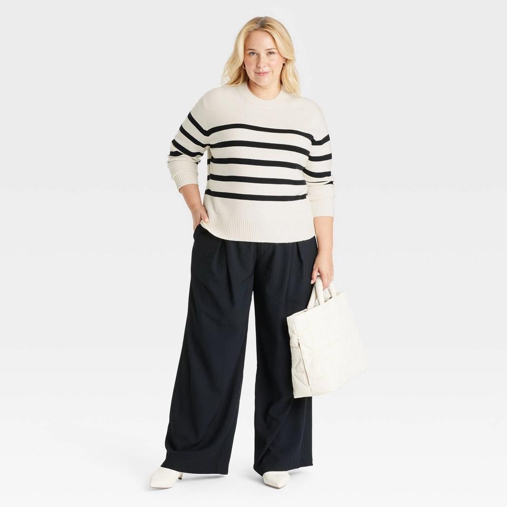 Womens Crewneck Pullover Sweater - A New Day Cream Striped XXL Product Image