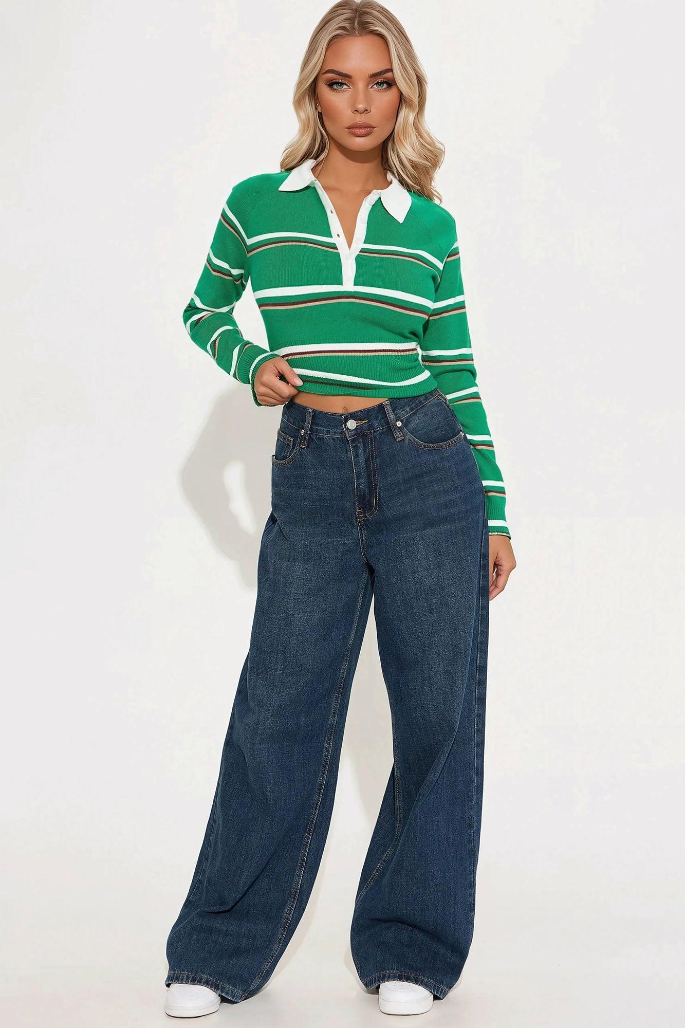 Brinnley Striped Polo Sweater - Green/combo Product Image