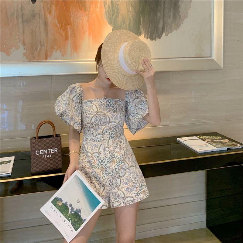 Puff-Sleeve Square Neck Floral Print Romper Product Image