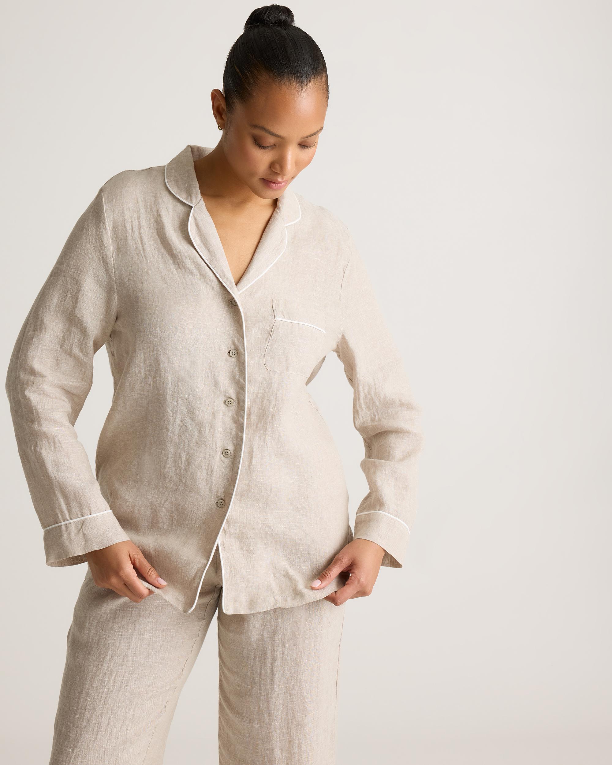 100% European Linen Long Sleeve Pajama Set with Piping Product Image