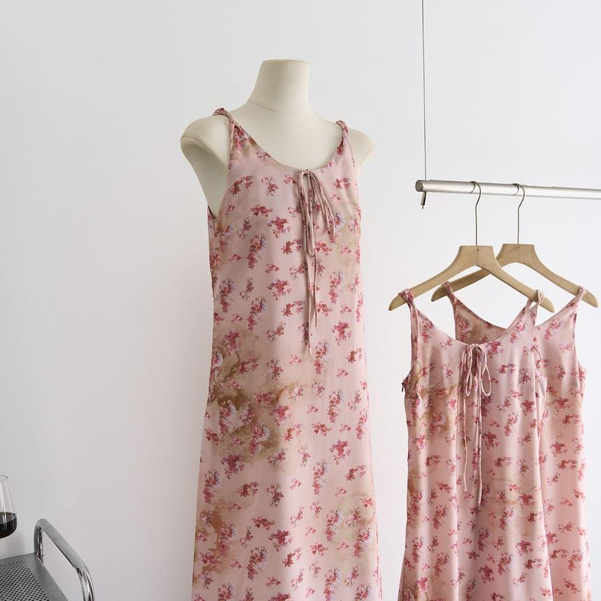 Spaghetti Strap Floral Print Tie Front Midi A-Line Dress Product Image