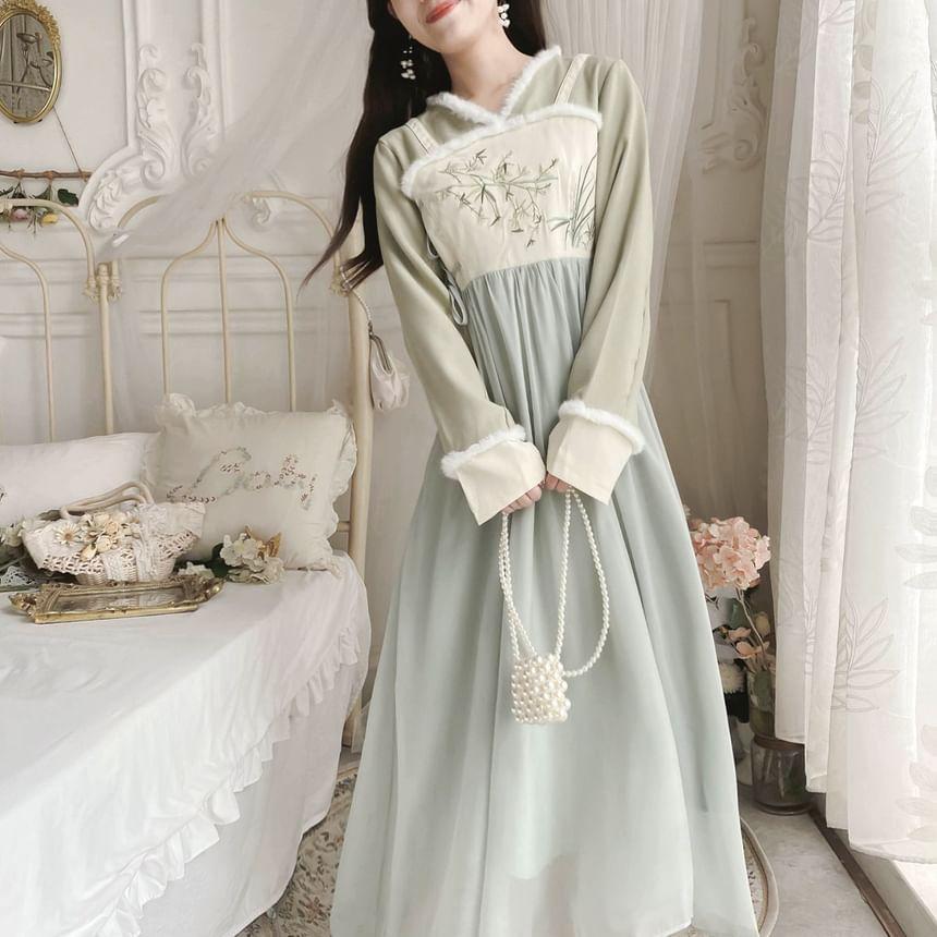 Long-Sleeve V-Neck Mock Two-Piece Bamboo Embroidered Fluffy Trim Midi A-Line Dress Product Image