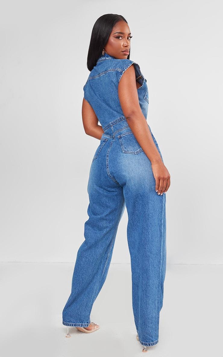 Shape Mid Blue Wash Sleeveless Rigid Denim Jumpsuit Product Image