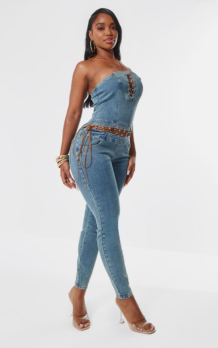 Shape Light Blue Wash Denim Bandeau Lace Up Detail Jumpsuit Product Image