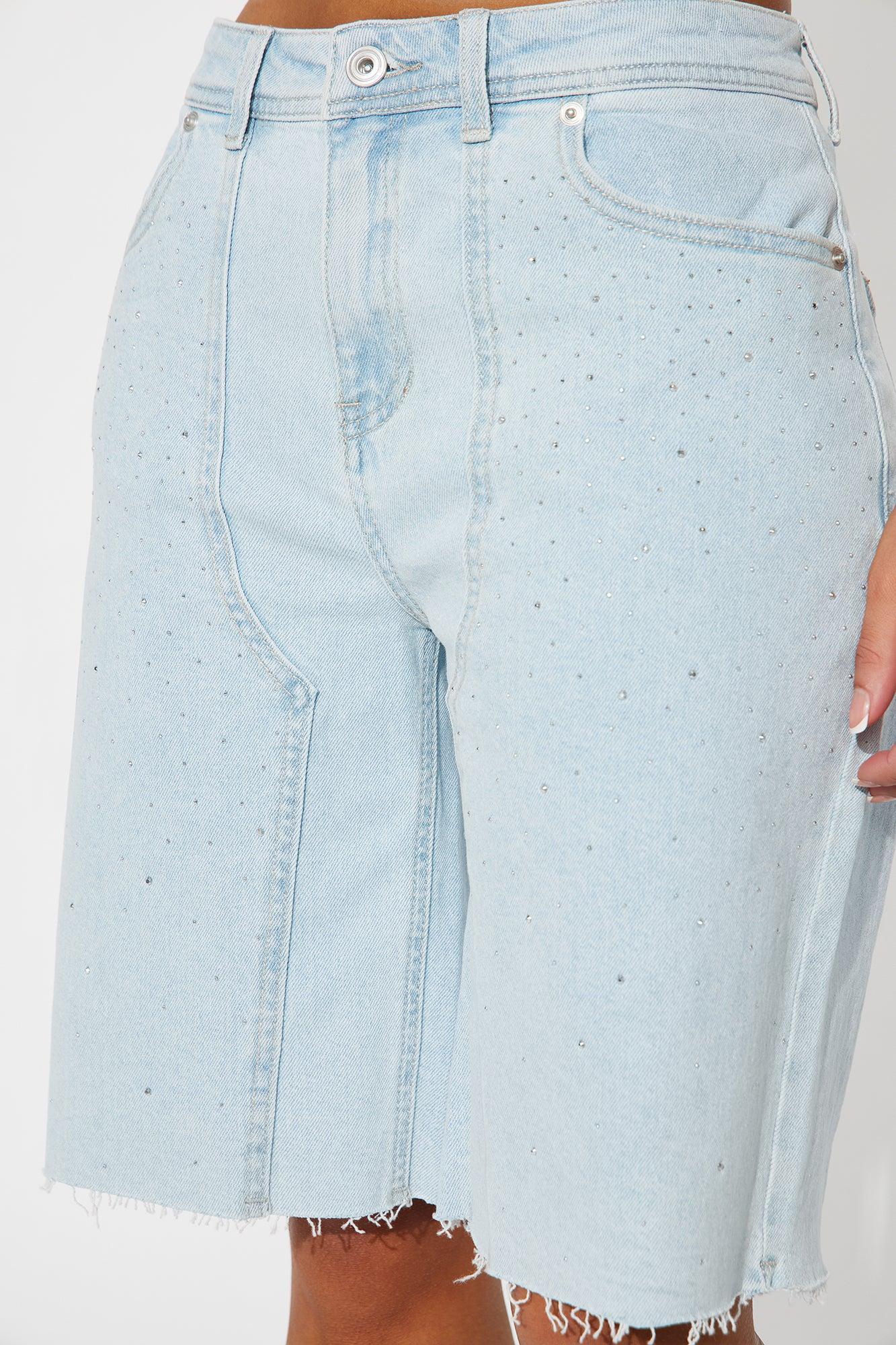 Shining On Embellished Stretch Denim Jort - Light Wash Product Image