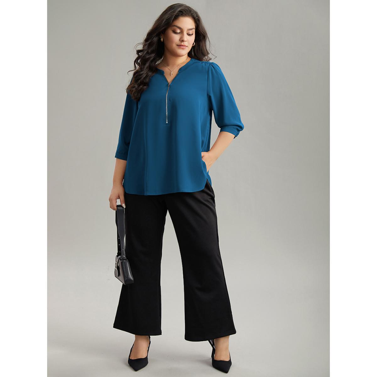 Plus Size Aegean Plain Half Zip Gathered Blouse Women Work From Home Elbow-length sleeve V-neck Work Blouses BloomChic 30/6X Product Image