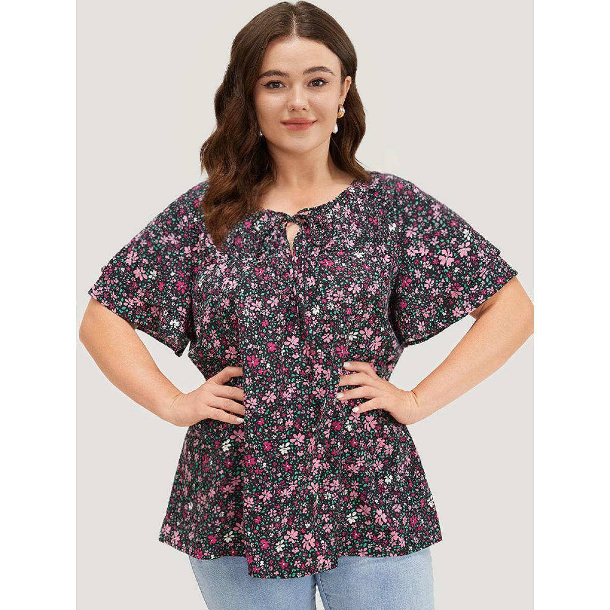Plus Size BlackFlower Ditsy Floral Knot Neck Flutter Sleeve Layered Blouse Women Elegant Short sleeve Tie Neck Dailywear Blouses BloomChic 30/6X Product Image