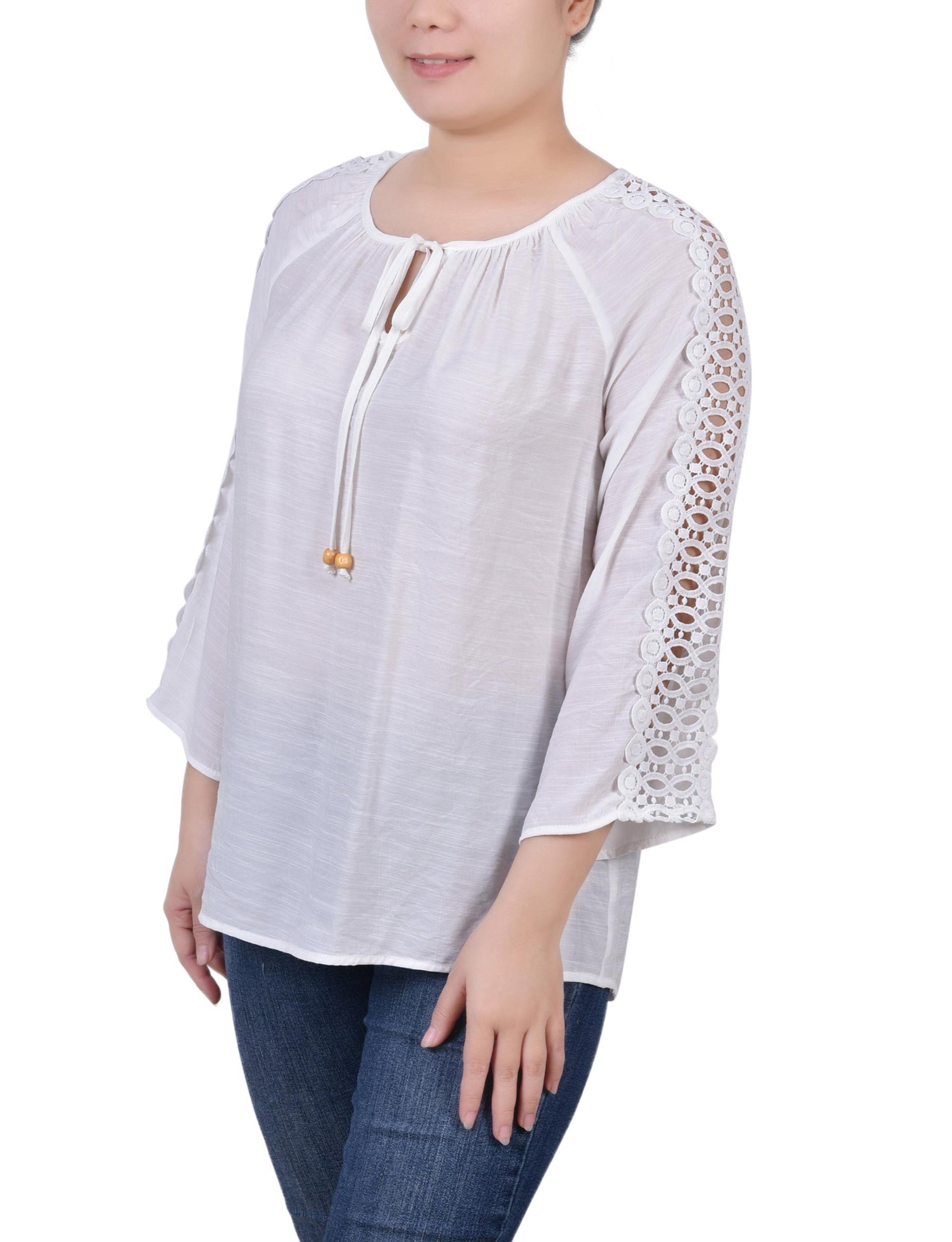 White 3/4 Sleeve Peasant Blouse - Petite Product Image