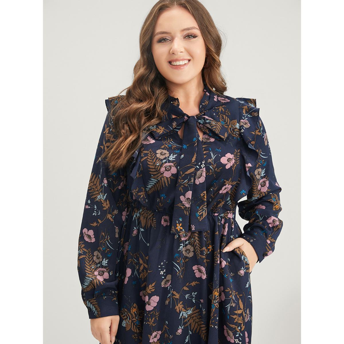 Plus Size Floral Pocket Knotted Neck Ruffle Trim Split Dress DarkBlue Women Elegant Knotted Tie Neck Long Sleeve Curvy Midi Dress BloomChic 10/M Product Image