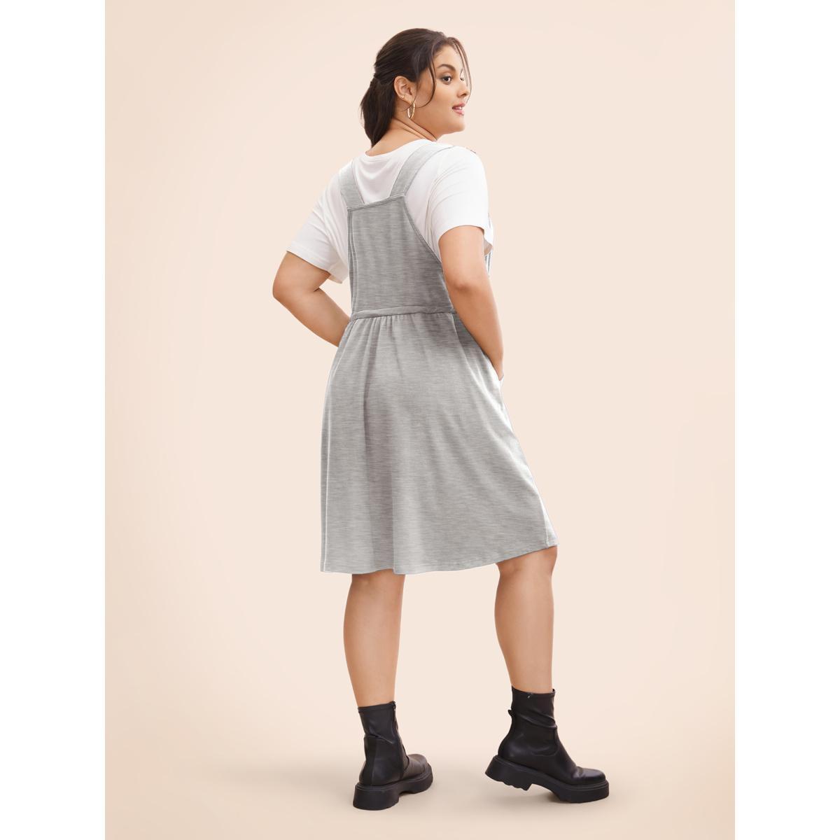 Plus Size Plain Pocket Drawstring Overall Dress LightGray Women Casual Non Non Sleeveless Curvy BloomChic 28/5X Product Image