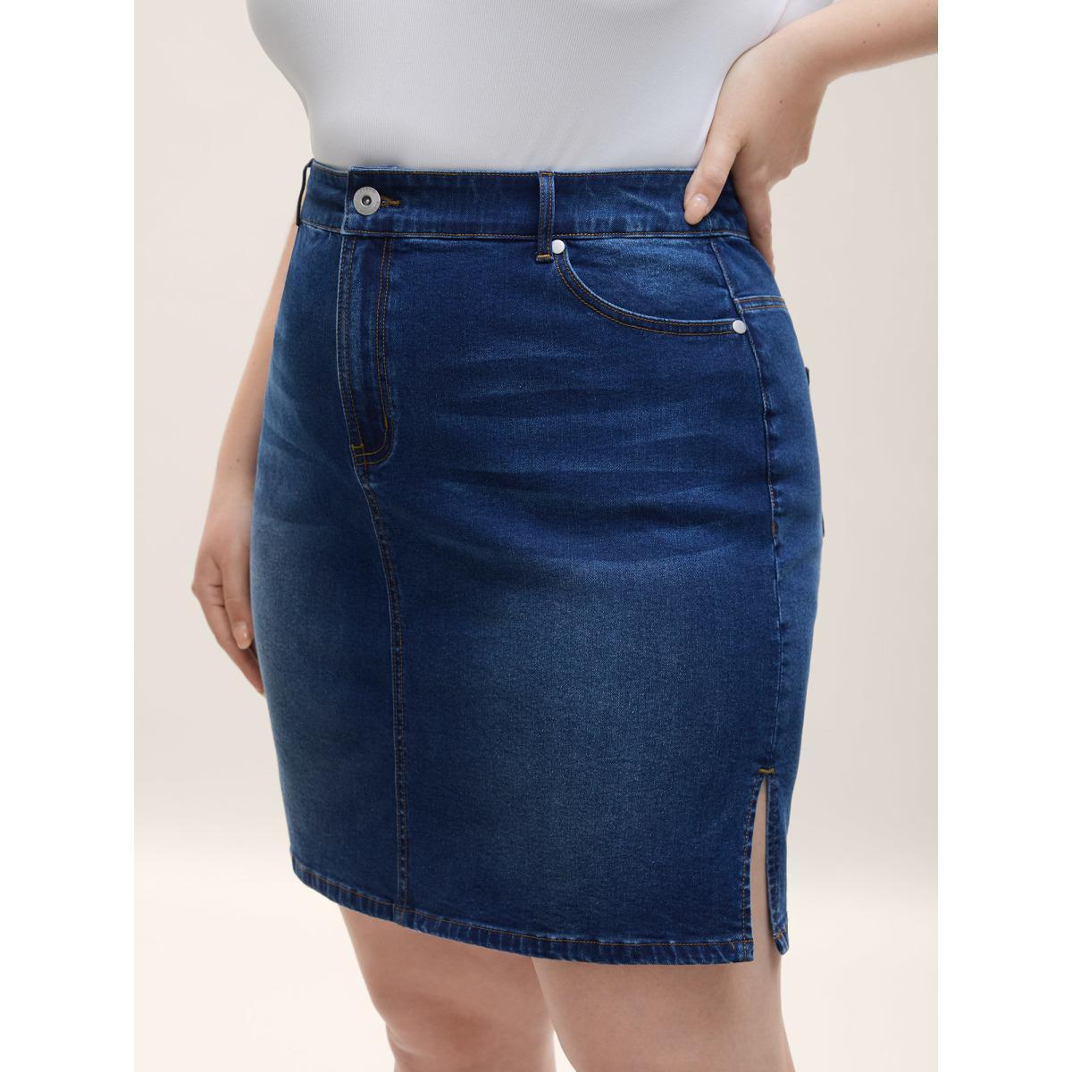Plus Size Whiskered Classic Cut Fitted Denim Skirt Women Midblue Everyday-Casual Medium stretch Medium Wash 24/3X Slanted pocket Denim Skirts BloomChic Product Image