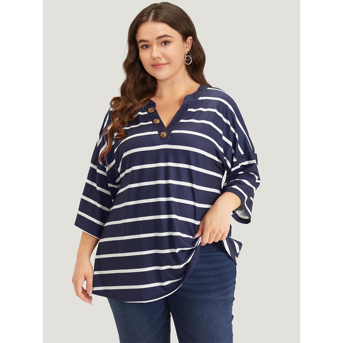 Plus Size Striped Print Button Detail Notched T-shirt Blue Women Casual Button Striped Notched collar Dailywear T-shirts BloomChic 26/4X Product Image