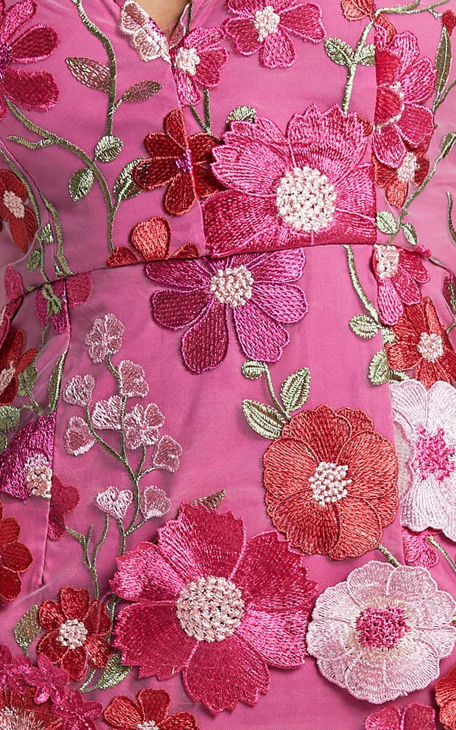 Wren Mini Dress - Puff Sleeve Bodycon 3d Garden Flowers Dress in Magenta Product Image