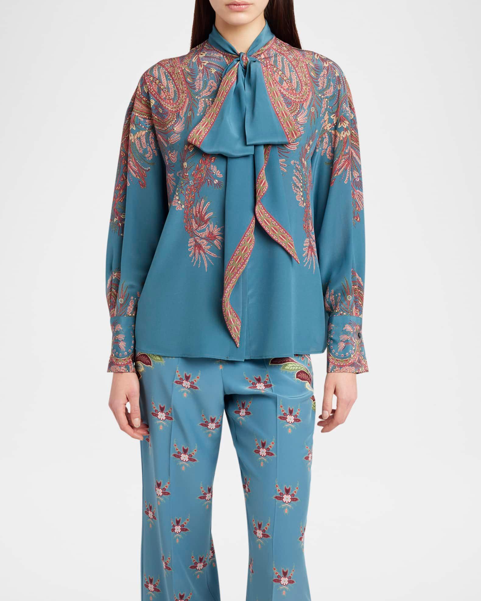 Floral Paisley Silk Bow Blouse Product Image